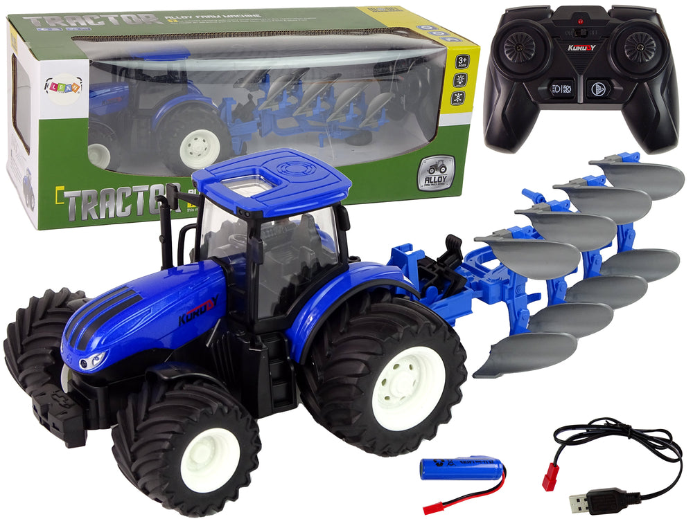 Ferngesteuerter Traktor 1:24 Blauer Pflug Metall Spielzeug