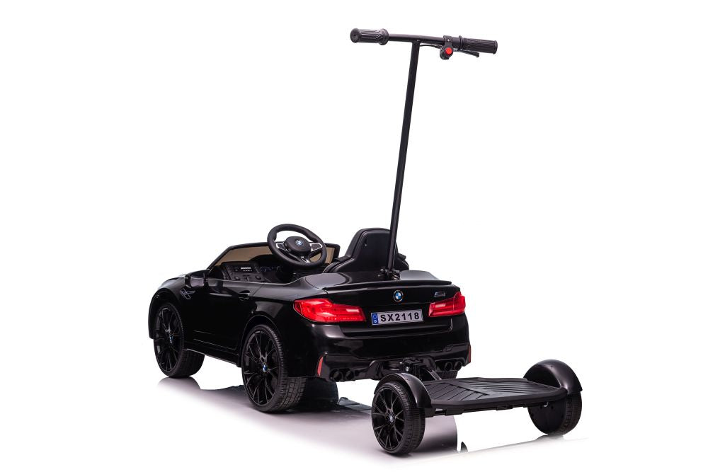 Battery-powered car BMW M5 with platform for parents, painted black