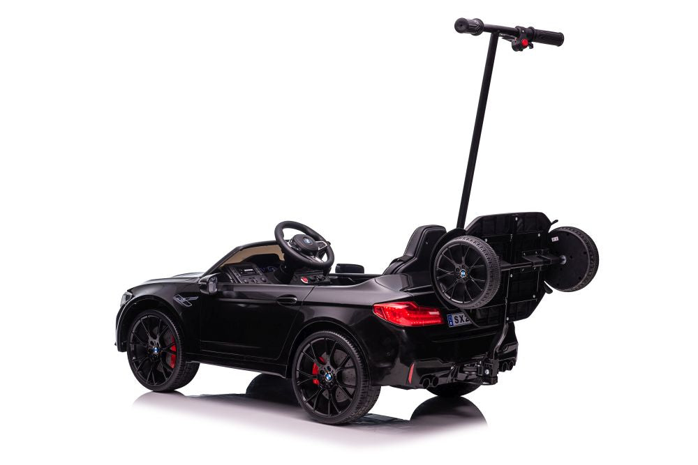 Battery-powered car BMW M5 with platform for parents, painted black