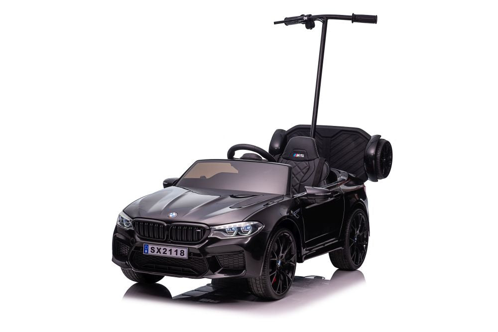 Battery-powered car BMW M5 with platform for parents, painted black