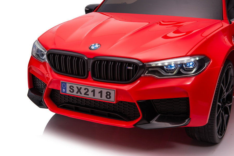 Battery-powered car BMW M5 with platform for parents, red, painted