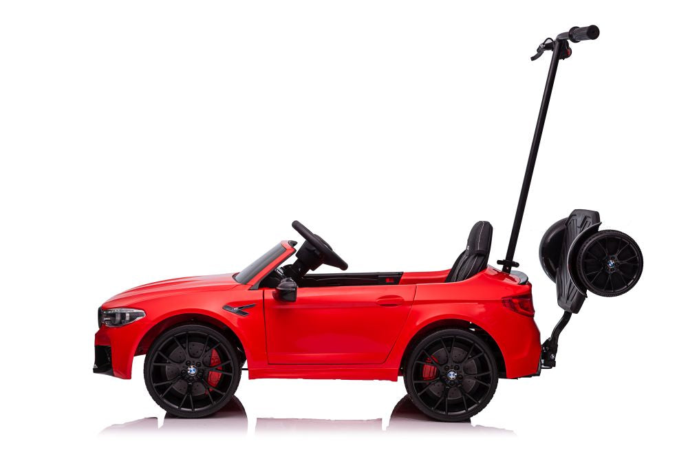 Battery-powered car BMW M5 with platform for parents, red, painted